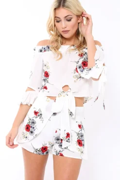 Rebellious Fashion White Floral Print Tie Crop Top- Joney