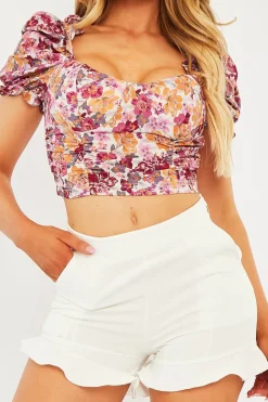 Rebellious Fashion White Floral Puff Sleeve Crop Top - Ellorie