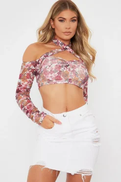 Rebellious Fashion White Floral Ruched Sleeve Crop Top - Deeba