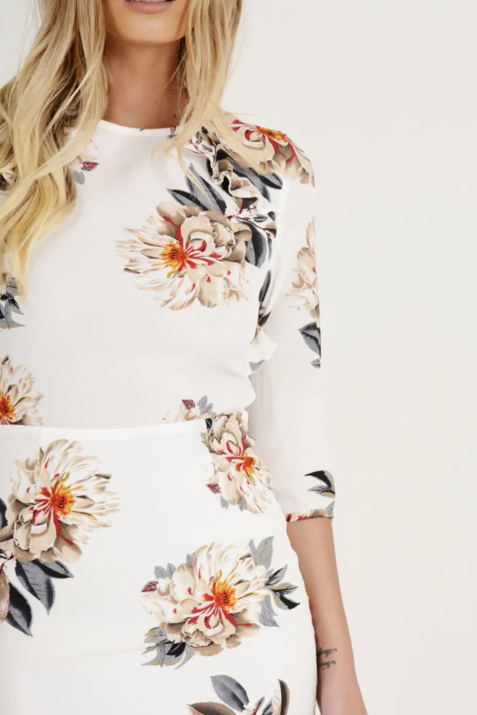Rebellious Fashion White Floral Ruffle Side Dress - Nadine