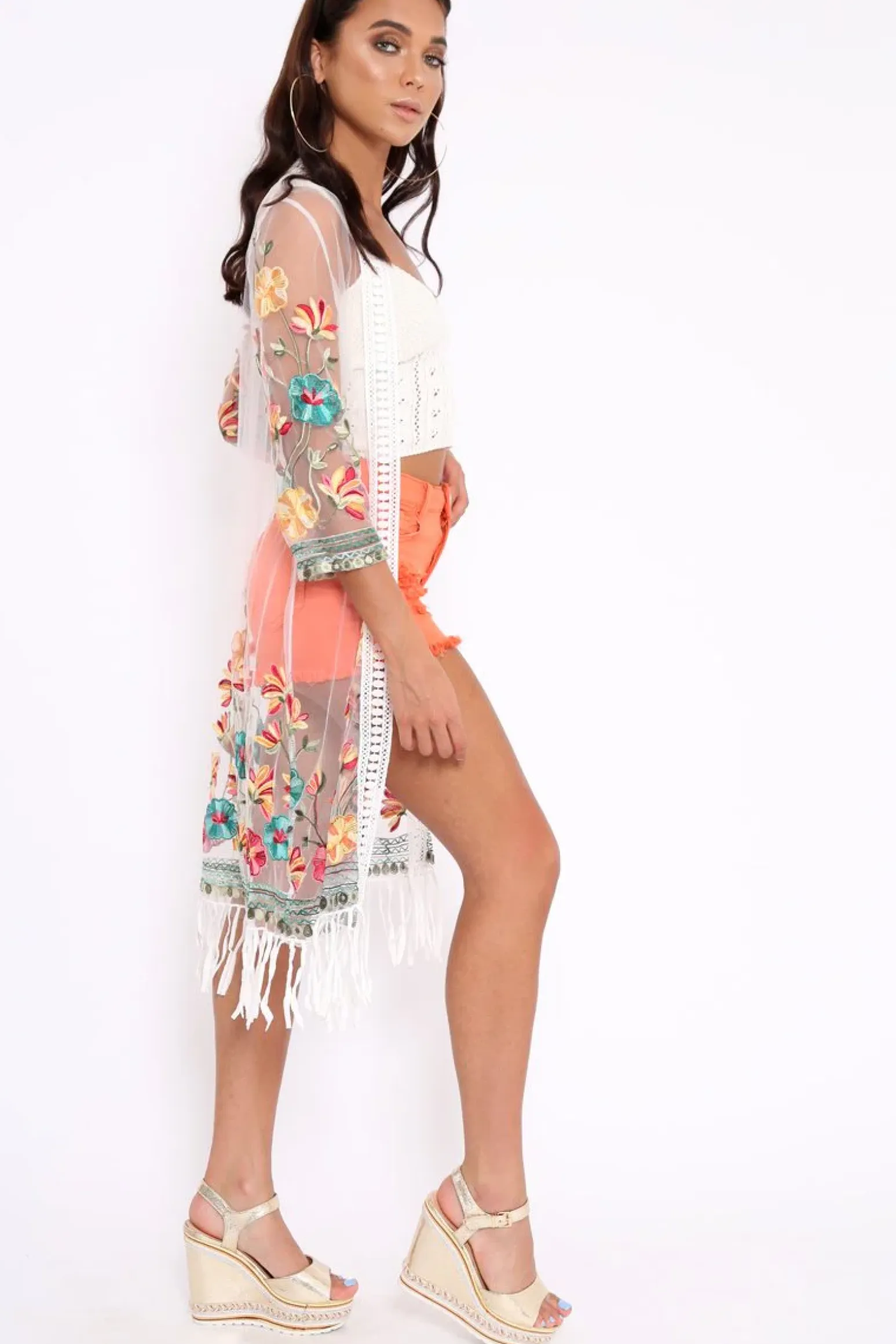 Rebellious Fashion White Floral Sheer Tassel Trim kimono - Jaxon