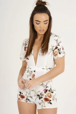 Rebellious Fashion White Floral V Cut Playsuit - Dianne
