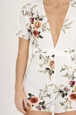 Rebellious Fashion White Floral V Cut Playsuit - Dianne