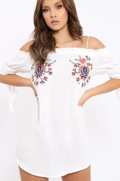 Rebellious Fashion White Flower Embroidered Shift Dress - Isolde