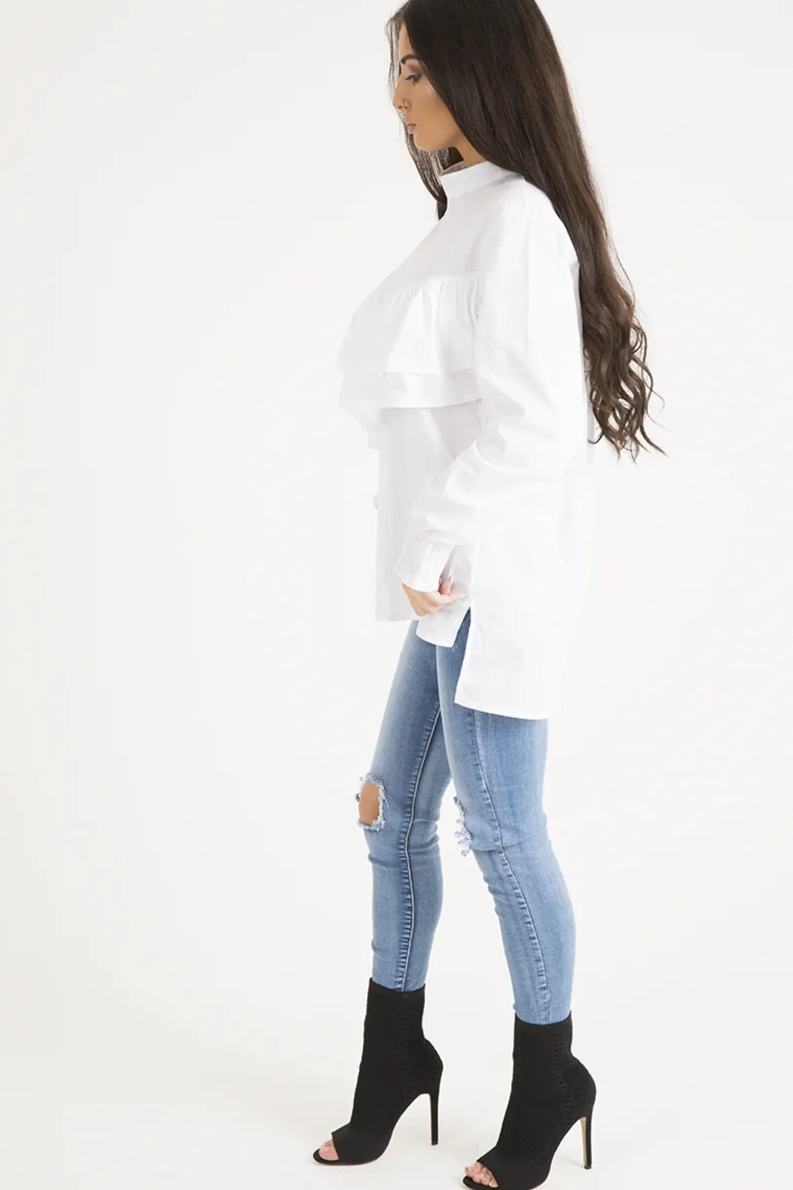 Rebellious Fashion White Frill Detail Oversized Shirt - Lydia