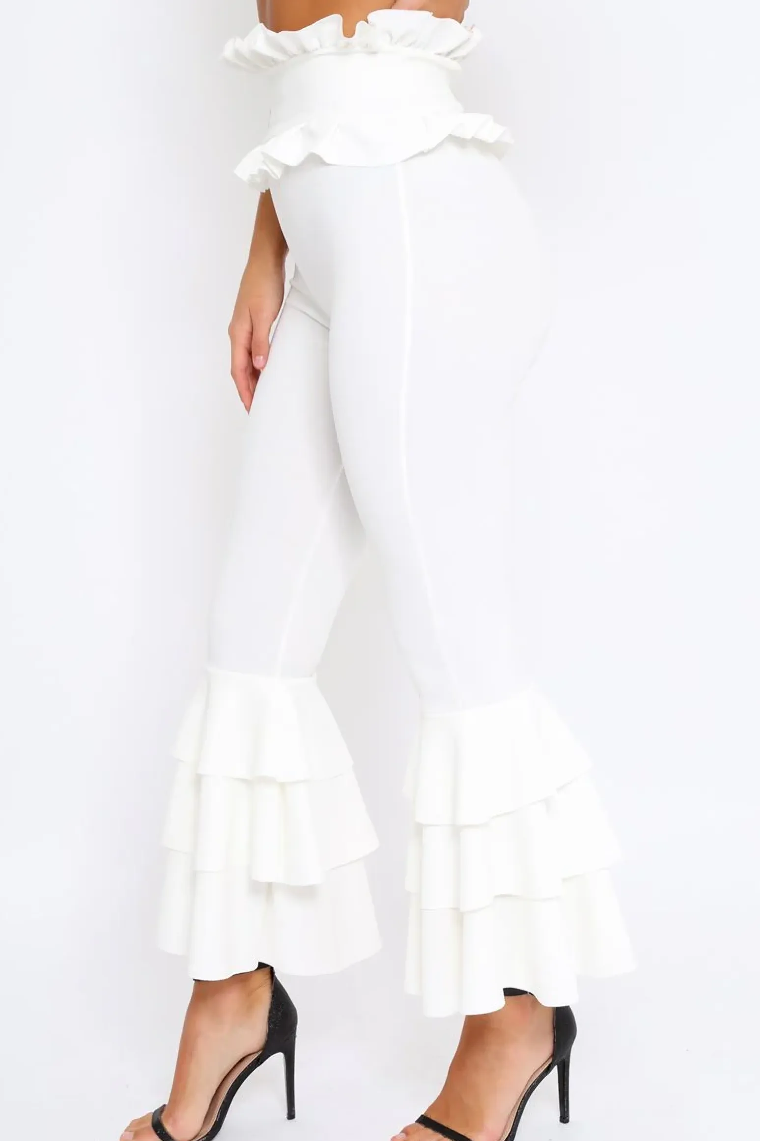Rebellious Fashion White Frill Hem Triple Tiered Frill Hem Trousers - Karla