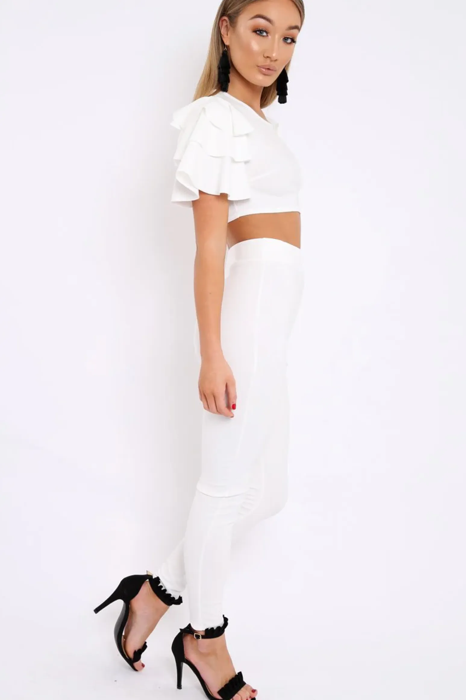 Rebellious Fashion White Frill Sleeve Co-ord Set - Demmie