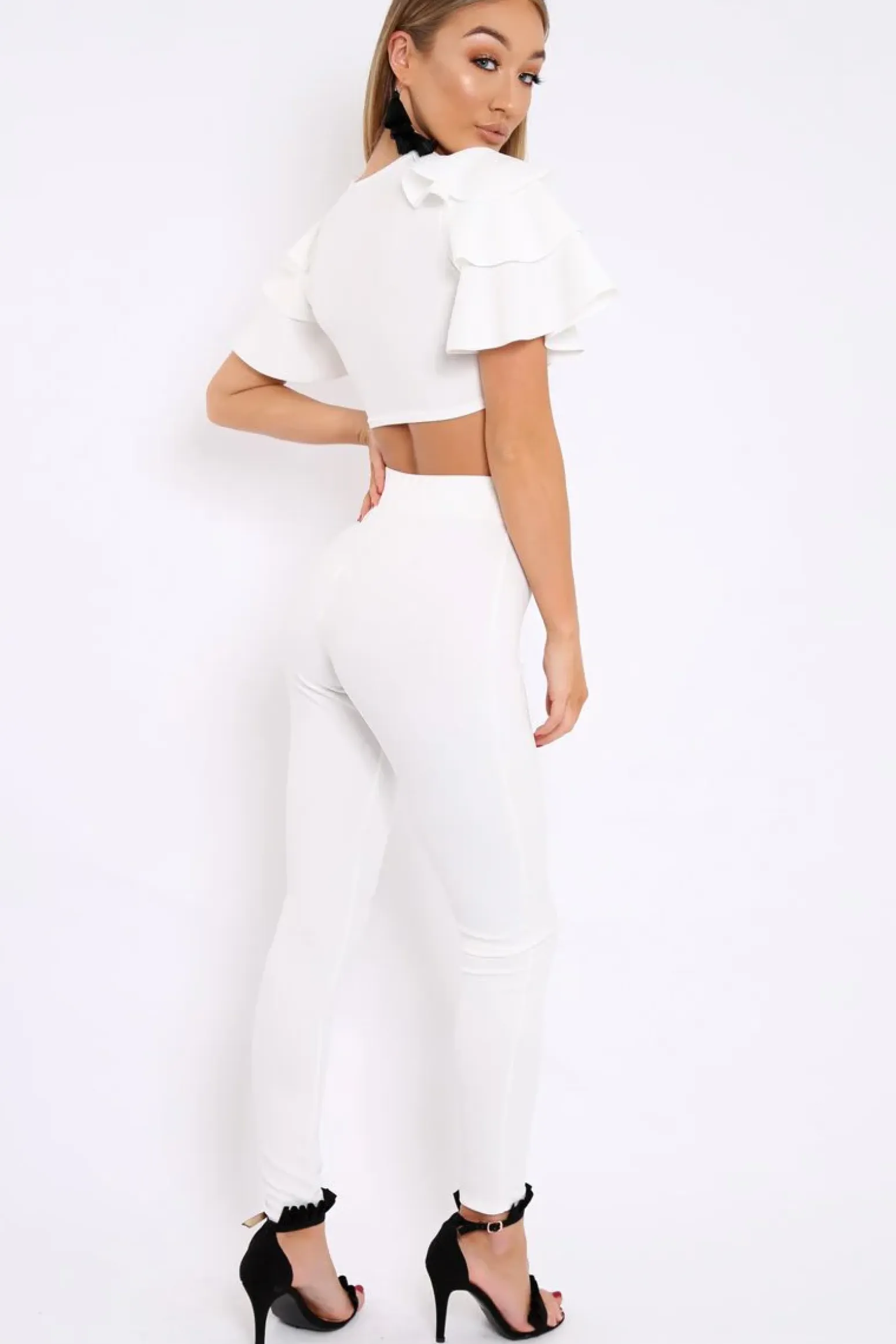 Rebellious Fashion White Frill Sleeve Co-ord Set - Demmie