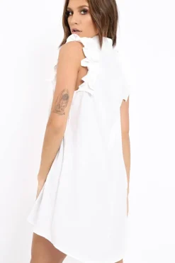 Rebellious Fashion White Frill Sleeve Dip Hem Shirt Dress - Camilie