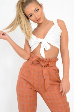 Rebellious Fashion White Frill Tie Front Crop Top - Adali