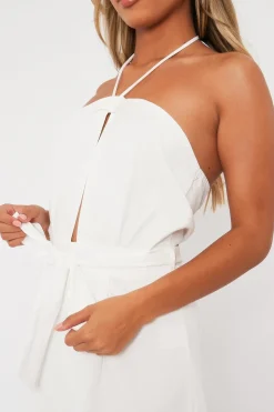 Rebellious Fashion White Front Cut Out Halter Neck Playsuit - Breyah
