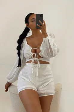 Rebellious Fashion White Front Cut Out Long Sleeve Playsuit - Cami