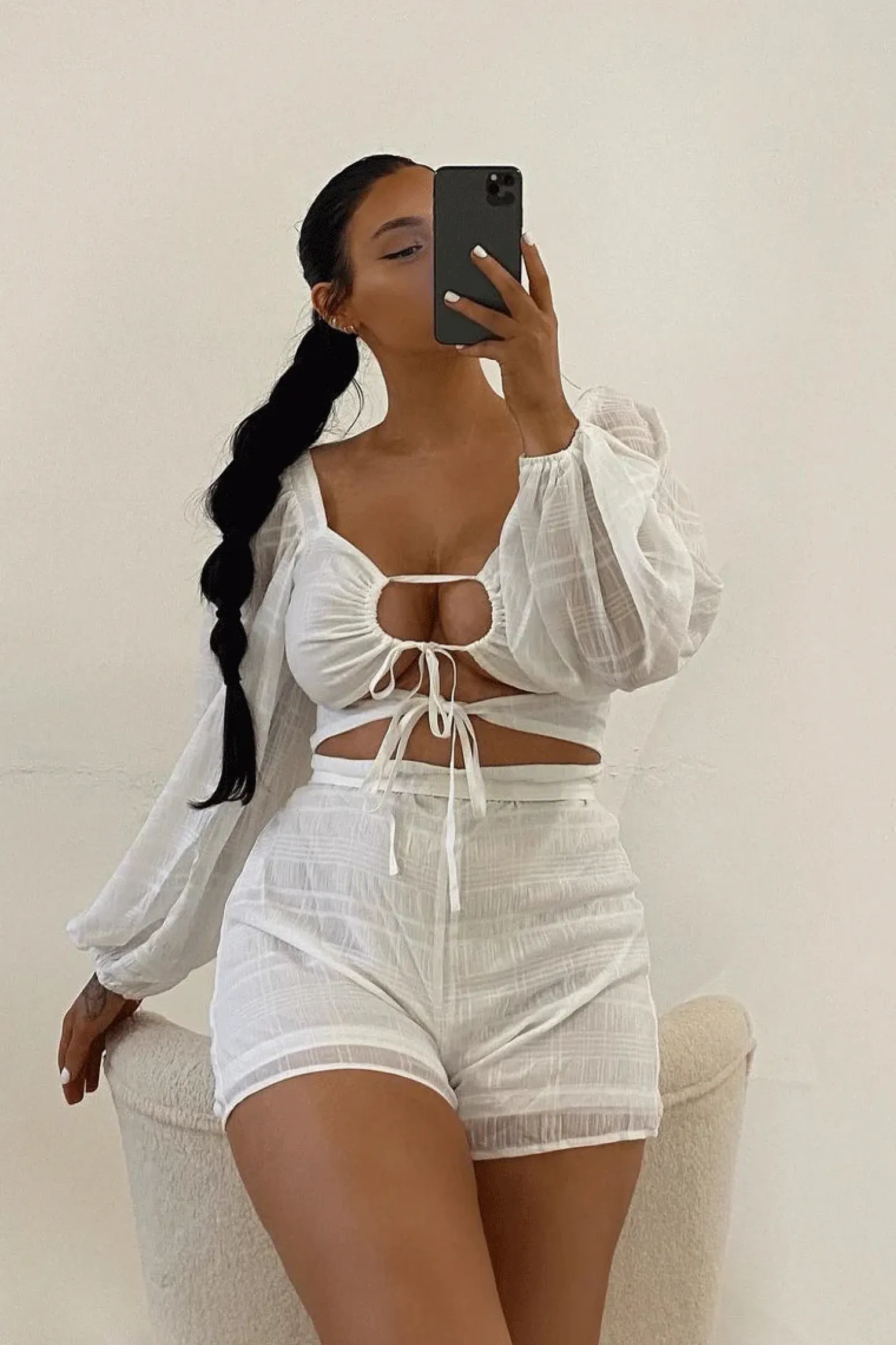 Rebellious Fashion White Front Cut Out Long Sleeve Playsuit - Cami
