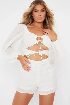 Rebellious Fashion White Front Cut Out Long Sleeve Playsuit - Cami