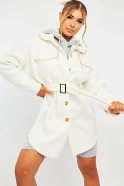 Rebellious Fashion White Front Pocket Belted Shacket - Ranessa