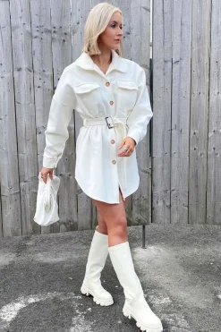 Rebellious Fashion White Front Pocket Belted Shacket - Ranessa