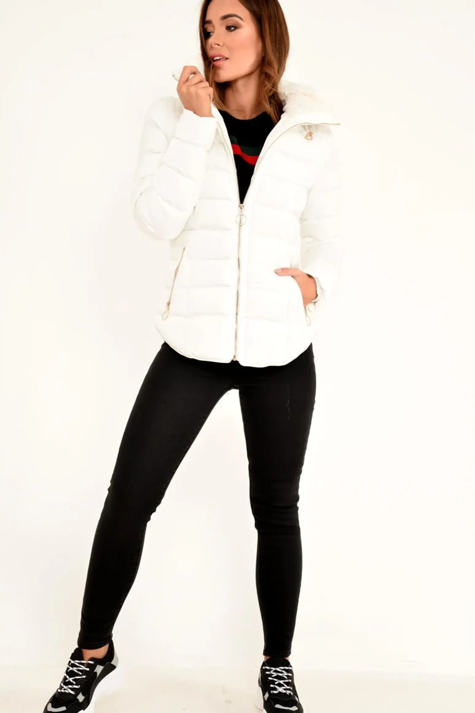 Rebellious Fashion White Fur Lined Ring Pull Puffer Coat - Riko