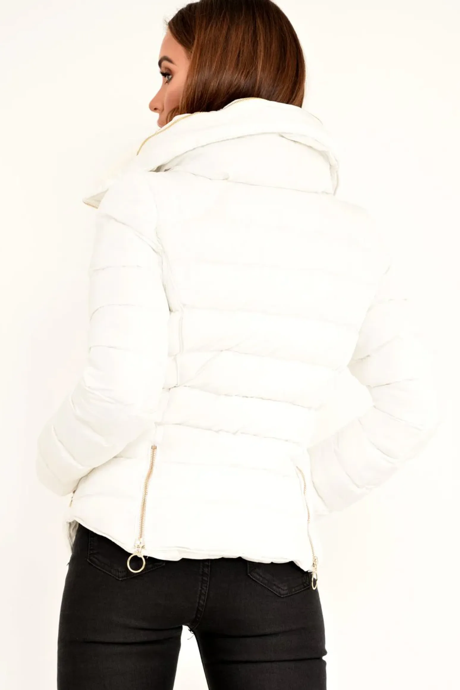 Rebellious Fashion White Fur Lined Ring Pull Puffer Coat - Riko