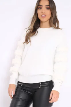 Rebellious Fashion White Fur Sleeve Knitted Jumper - Courtnie