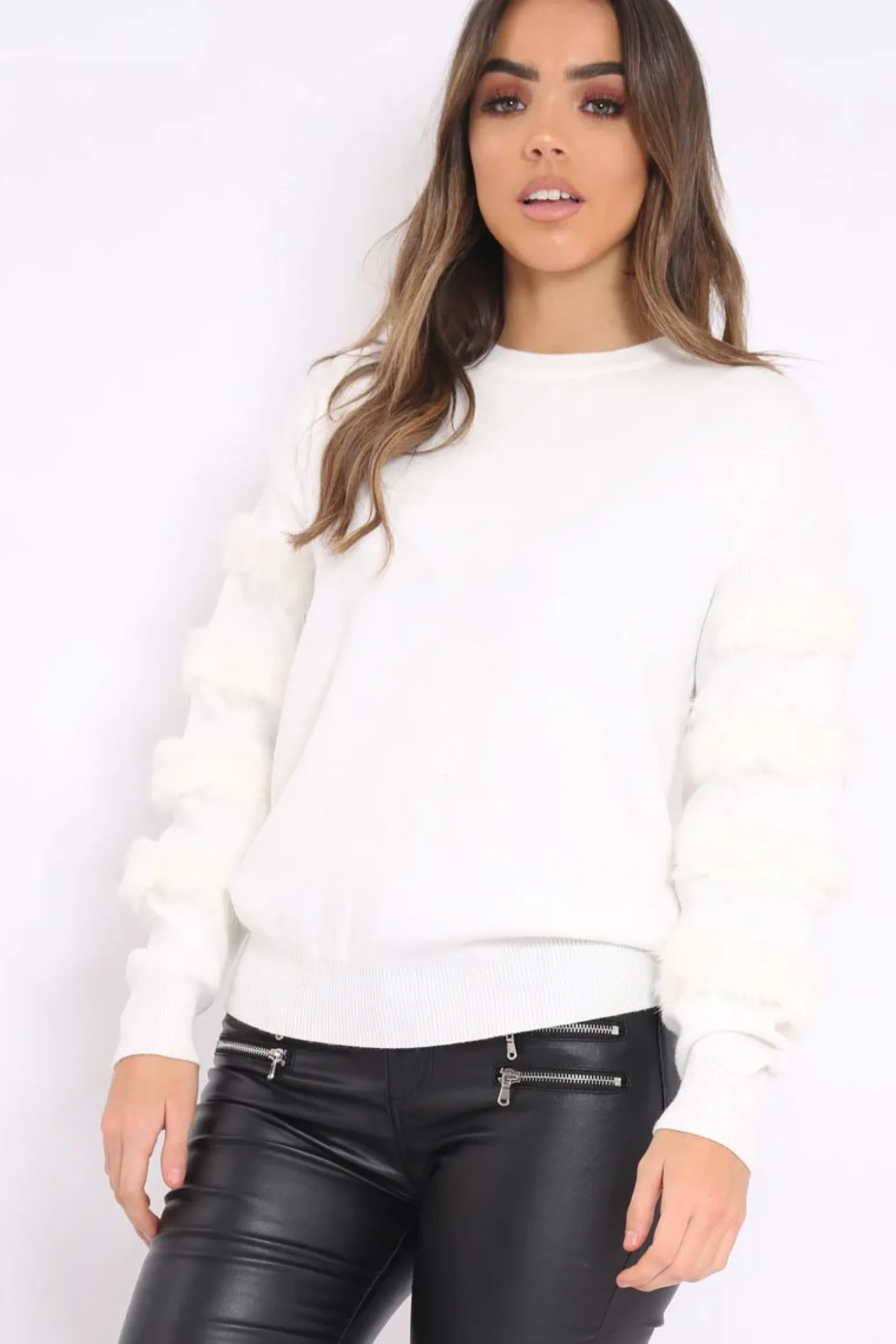 Rebellious Fashion White Fur Sleeve Knitted Jumper - Courtnie