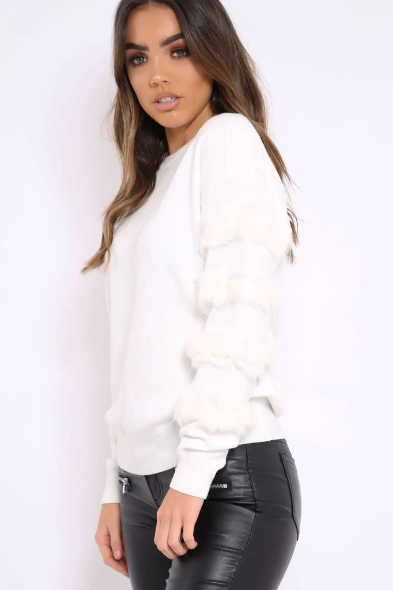 Rebellious Fashion White Fur Sleeve Knitted Jumper - Courtnie