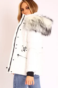 Rebellious Fashion White Fur Trim Adjustable Waist Puffer Coat - Rossie