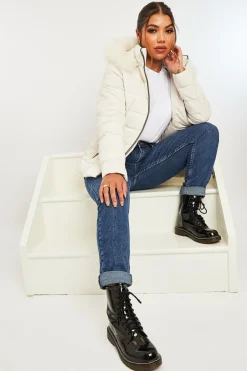 Rebellious Fashion White Fur Trim Hood Puffer Coat - Reva