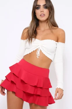 Rebellious Fashion White Gathered Middle Bardot Crop Top - Sally