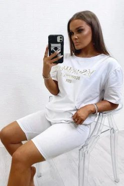 Rebellious Fashion White Gold Beverly Hills T-shirt Cycling Shorts Co-ord - Laura