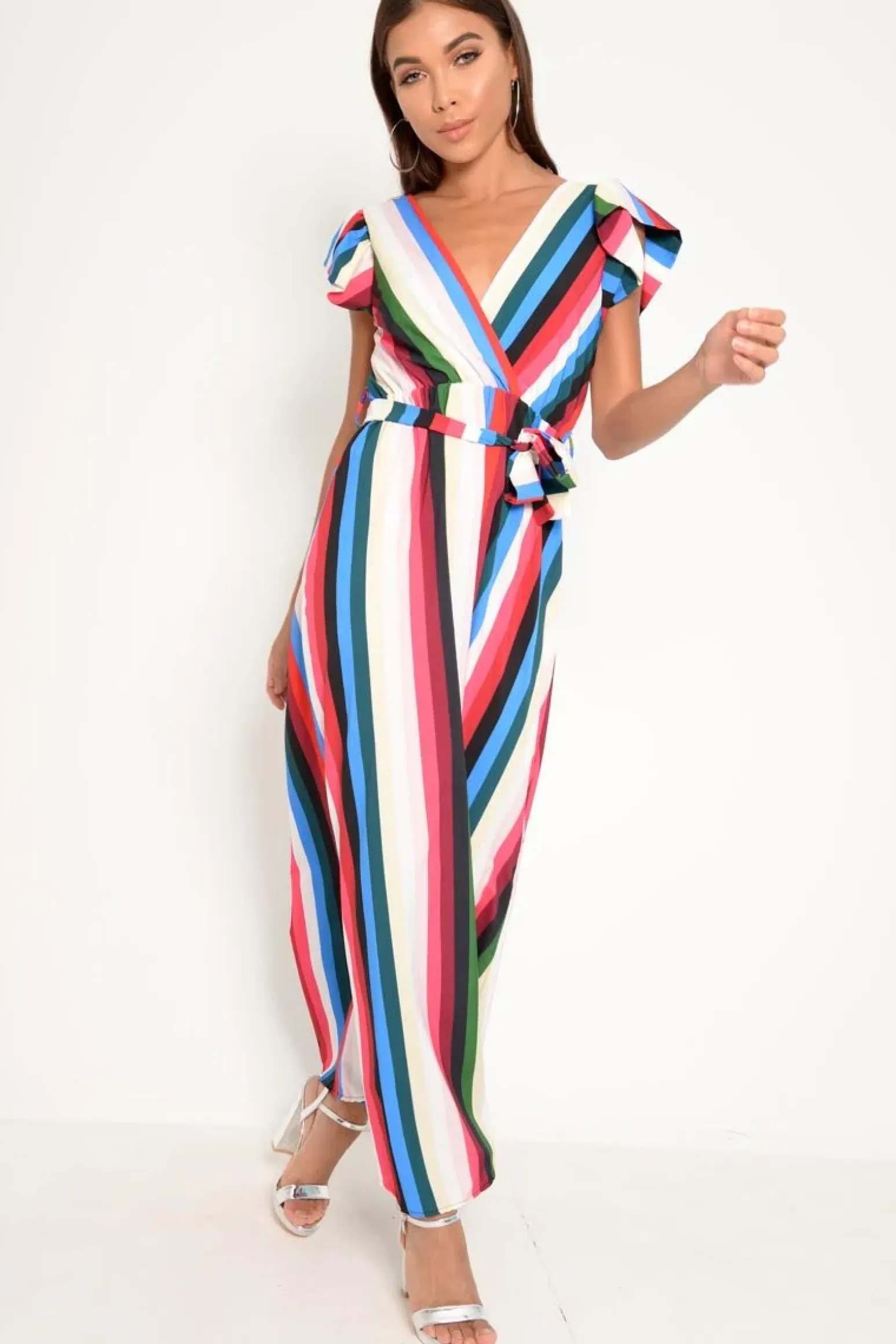 Rebellious Fashion White Green And Blue Plunge Wrap Belted Maxi Dress - Carri