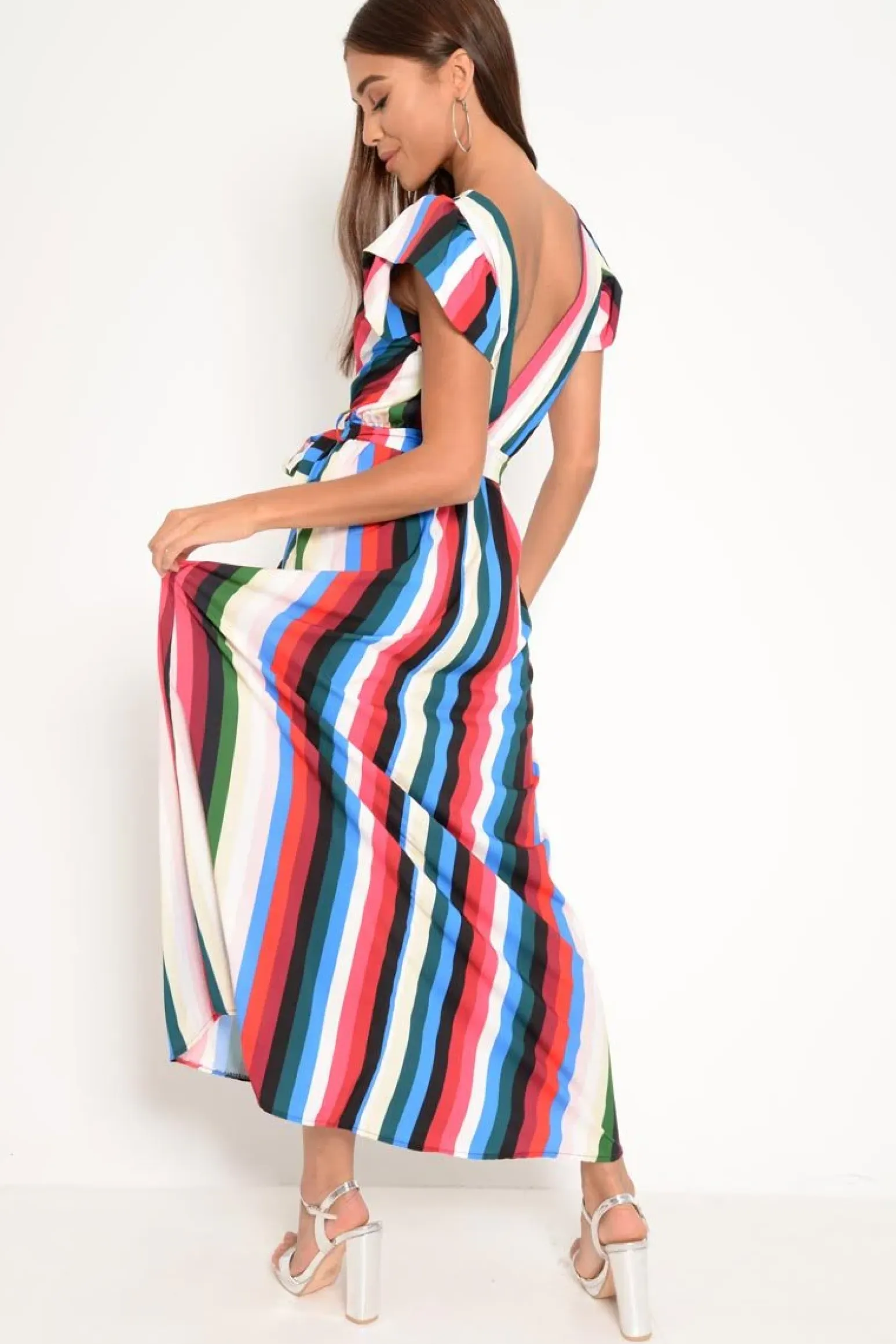Rebellious Fashion White Green And Blue Plunge Wrap Belted Maxi Dress - Carri