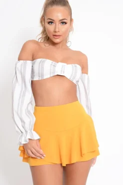 Rebellious Fashion White Grey Stripe Buckle Front Extreme Bardot Crop Top - Theora