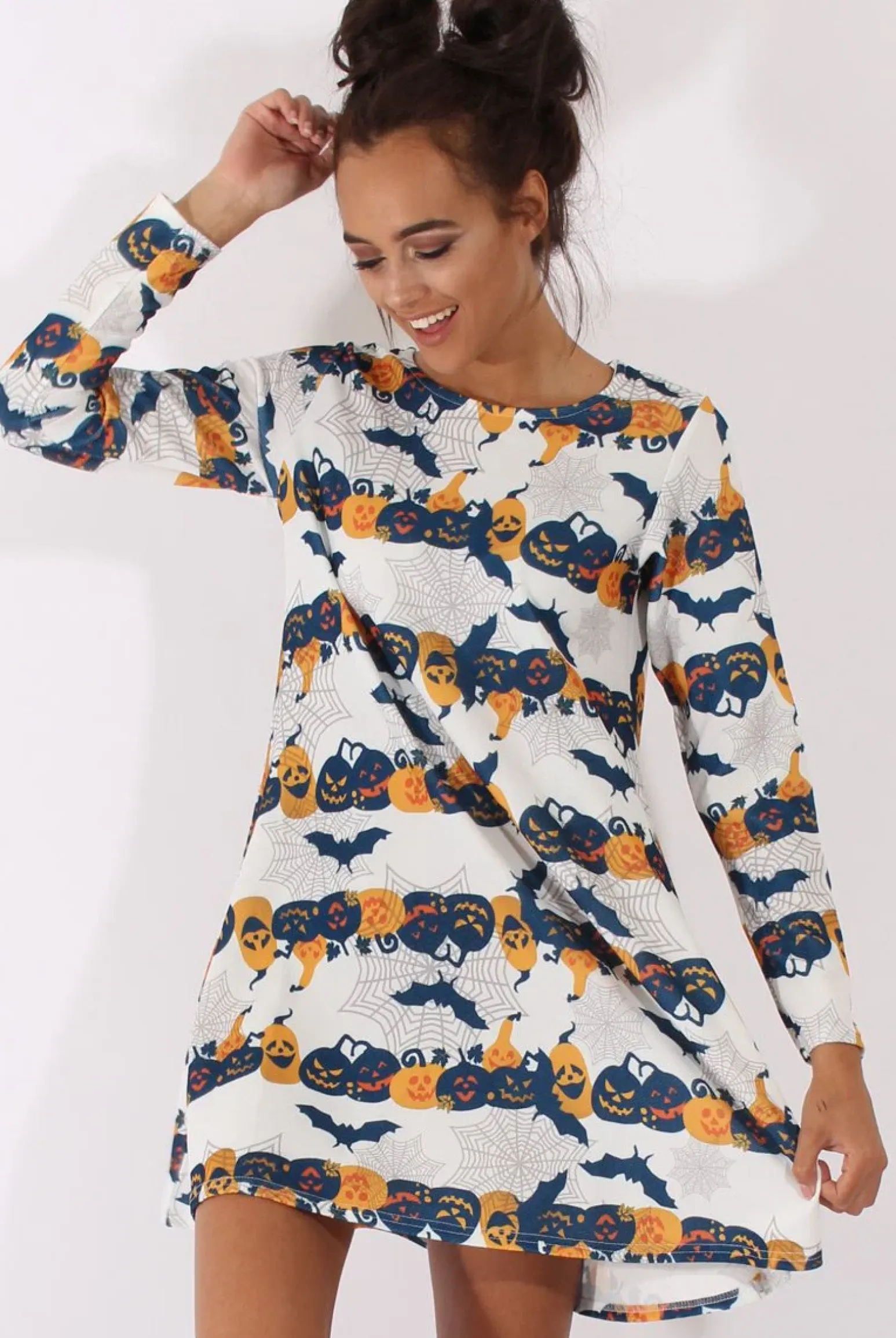 Rebellious Fashion White Halloween Pumpkin & Bats Swing Dress - Sabrina