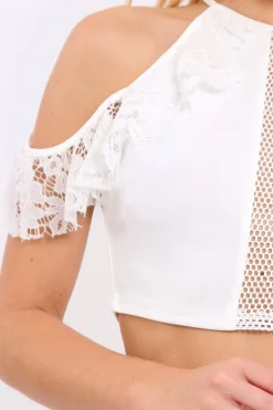 Rebellious Fashion White Halter Neck Frill Cold Shoulder Crop Top - Carlie