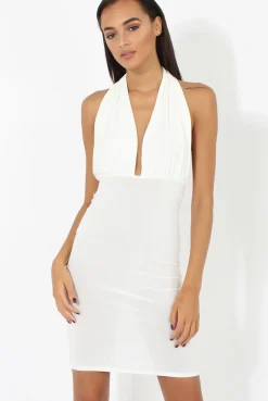 Rebellious Fashion White Halterneck Open Back Bodycon Dress - Eliza