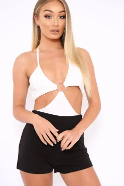 Rebellious Fashion White Halterneck Ring Front Extreme Cut Out Bodysuit - Helayna