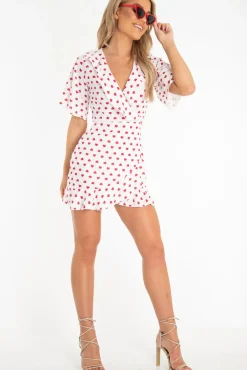 Rebellious Fashion White Heart Print Plunge Ruffle Detail Mini Dress - Nicolle