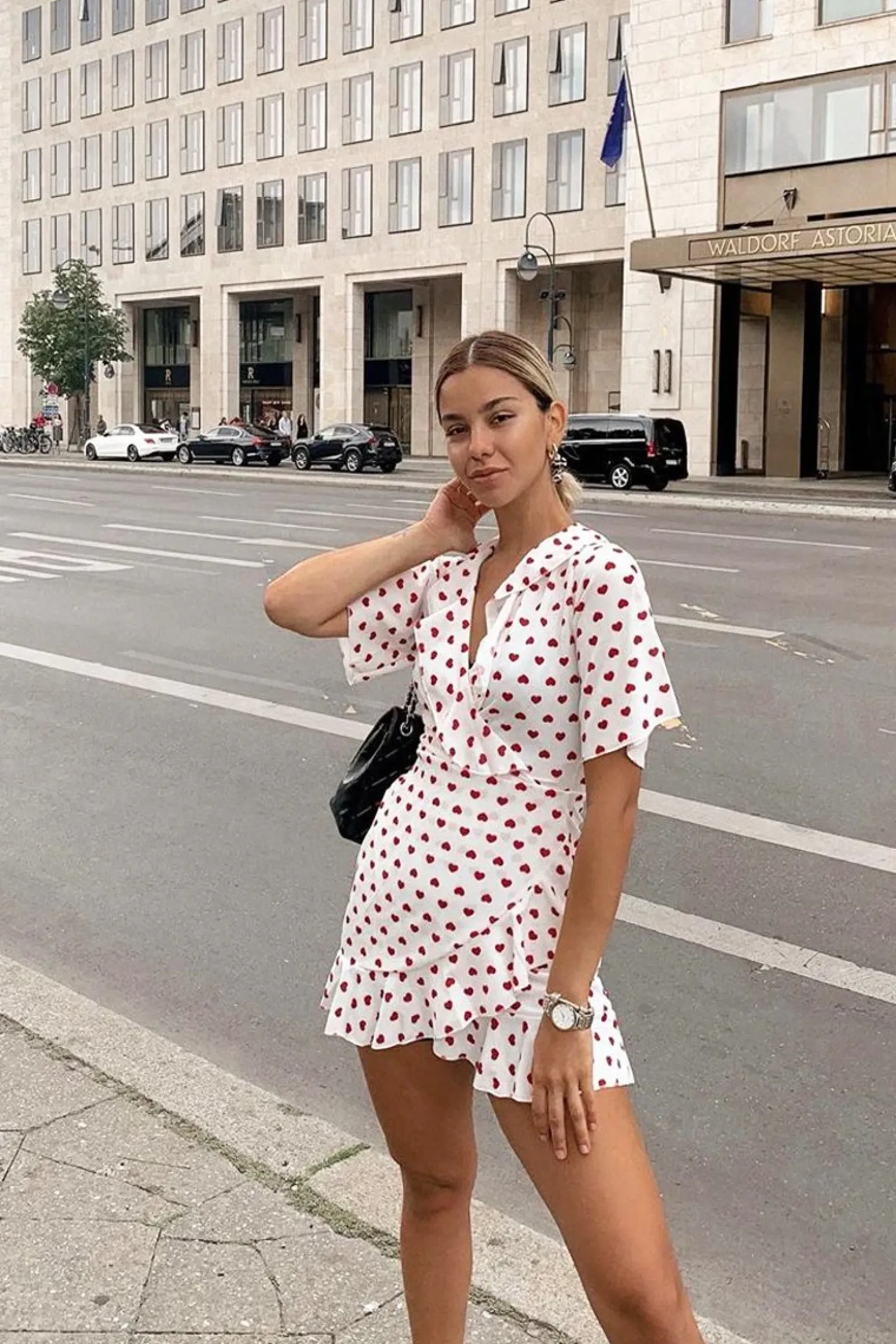 Rebellious Fashion White Heart Print Plunge Ruffle Detail Mini Dress - Nicolle