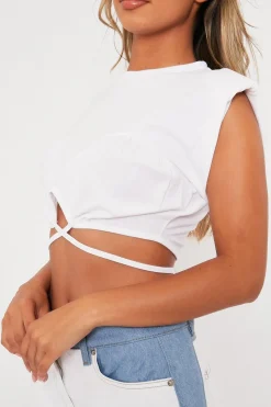 Rebellious Fashion White Hem Tie Shoulder Pad Crop Top - Riya