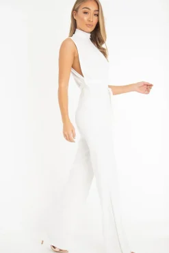 Rebellious Fashion White High Neck Belted Wide Leg Jumpsuit - Phoebie