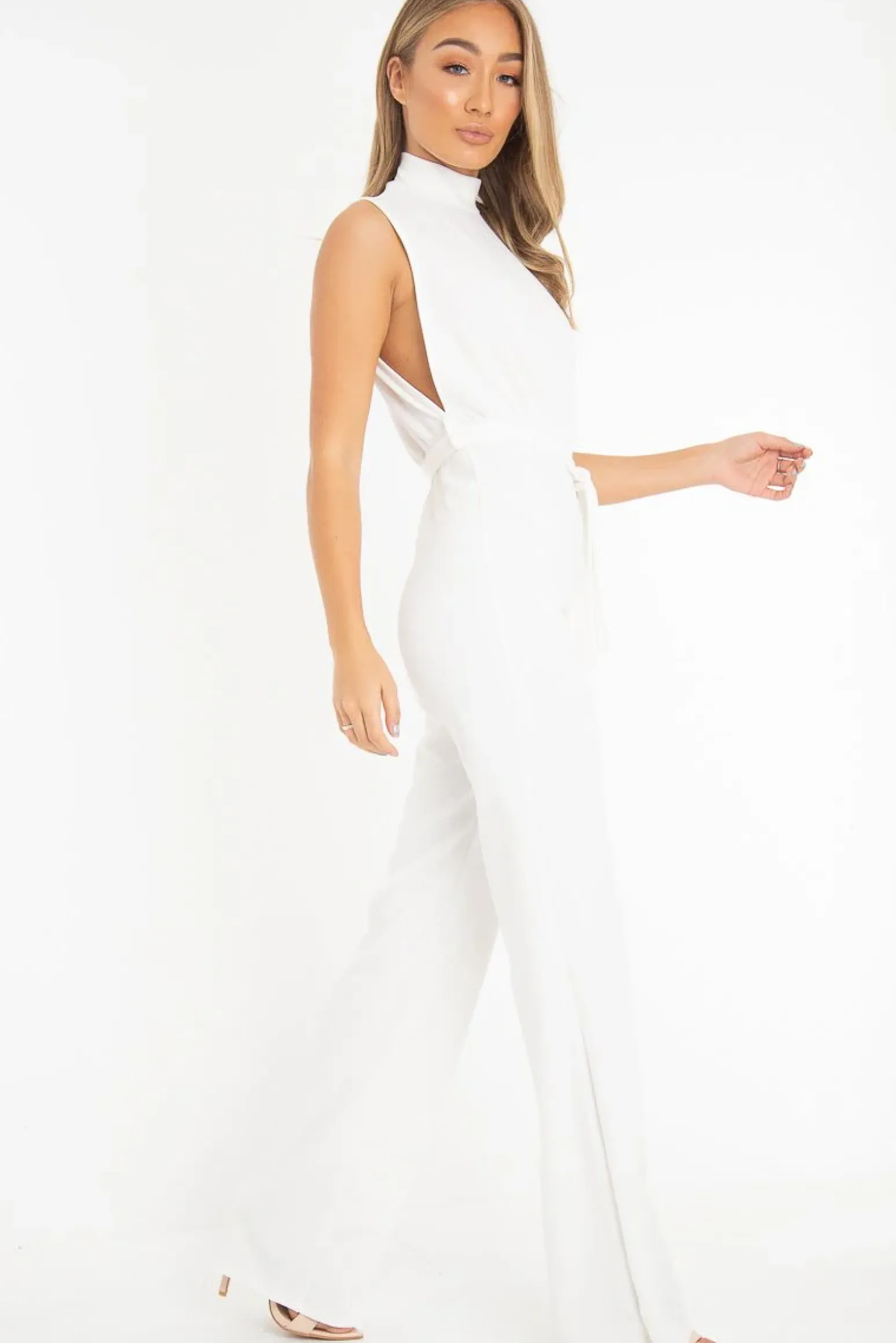 Rebellious Fashion White High Neck Belted Wide Leg Jumpsuit - Phoebie