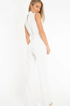Rebellious Fashion White High Neck Belted Wide Leg Jumpsuit - Phoebie