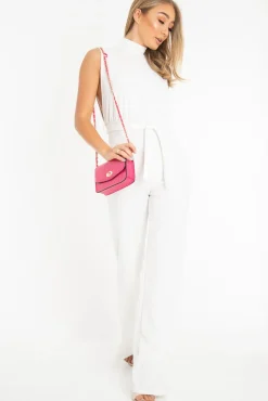 Rebellious Fashion White High Neck Belted Wide Leg Jumpsuit - Phoebie