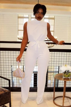 Rebellious Fashion White High Neck Belted Wide Leg Jumpsuit - Phoebie
