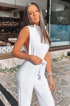 Rebellious Fashion White High Neck Belted Wide Leg Jumpsuit - Phoebie
