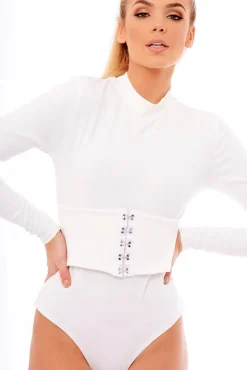 Rebellious Fashion White High Neck Corset Detail Bodysuit - Hilda