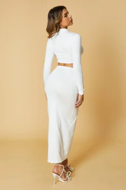 Rebellious Fashion White High Neck Cropped Top & Ruched Front Maxi Skirt Set - Erena