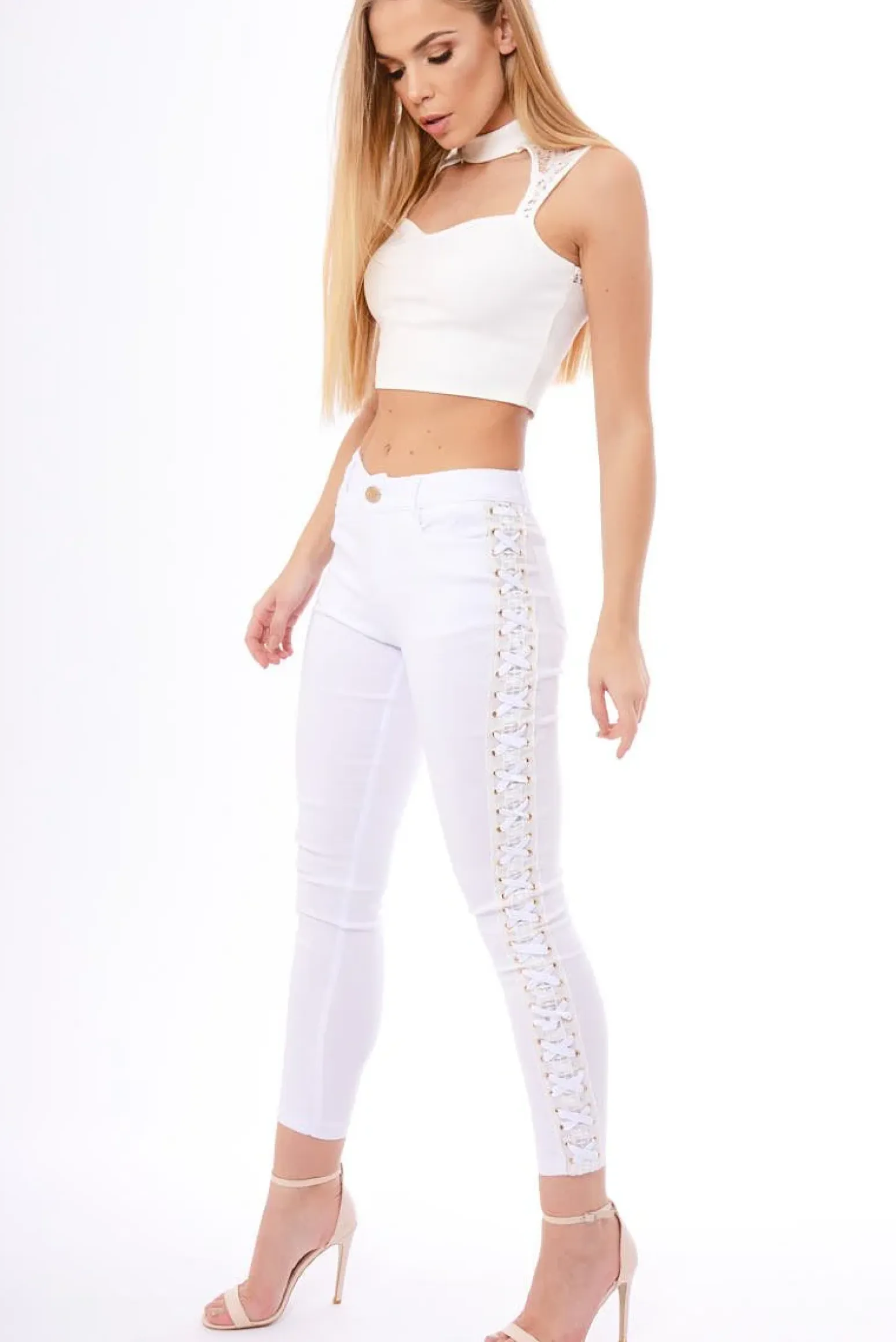 Rebellious Fashion White High Neck Cut Out Crochet Crop Top - Una
