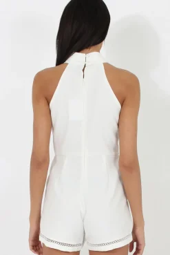 Rebellious Fashion White High Neck Keyhole Playsuit - Nori