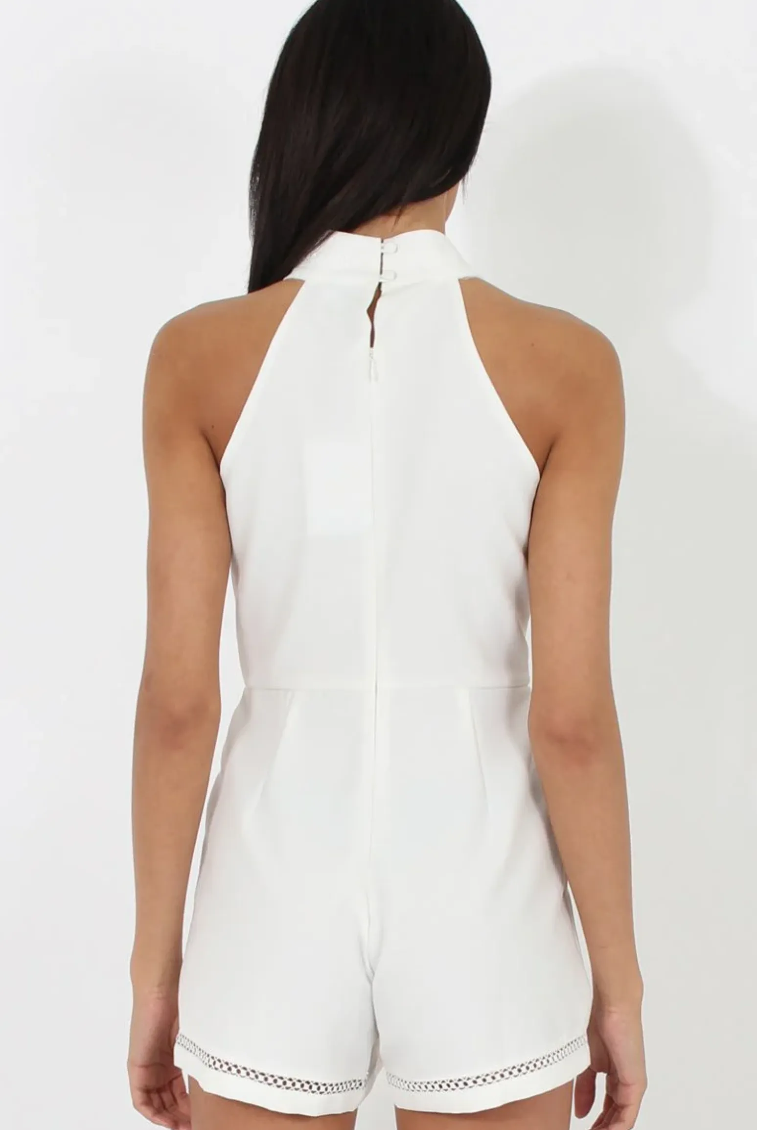 Rebellious Fashion White High Neck Keyhole Playsuit - Nori
